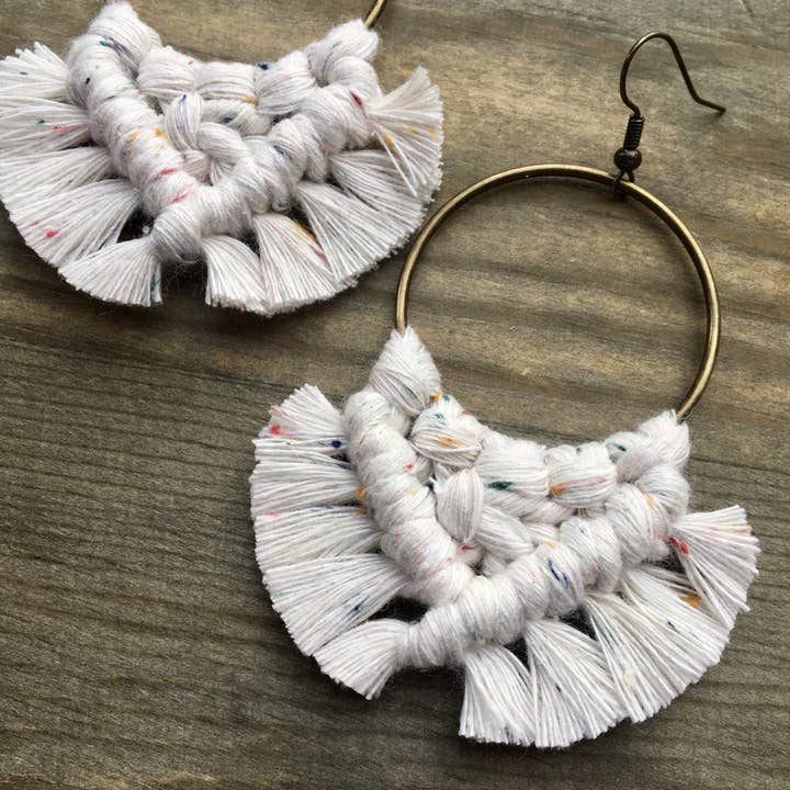 HK Macrame Jewelry - Wholesale Dangle Earrings - Large Square Knot Fringe Earrings - Rainbow Dust & Bronze2