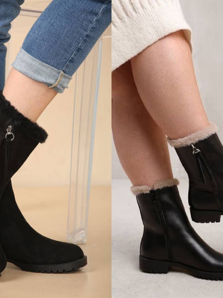 Bottes à cheville avec col en fourrure noire pour la vente par No Doubt Shoes