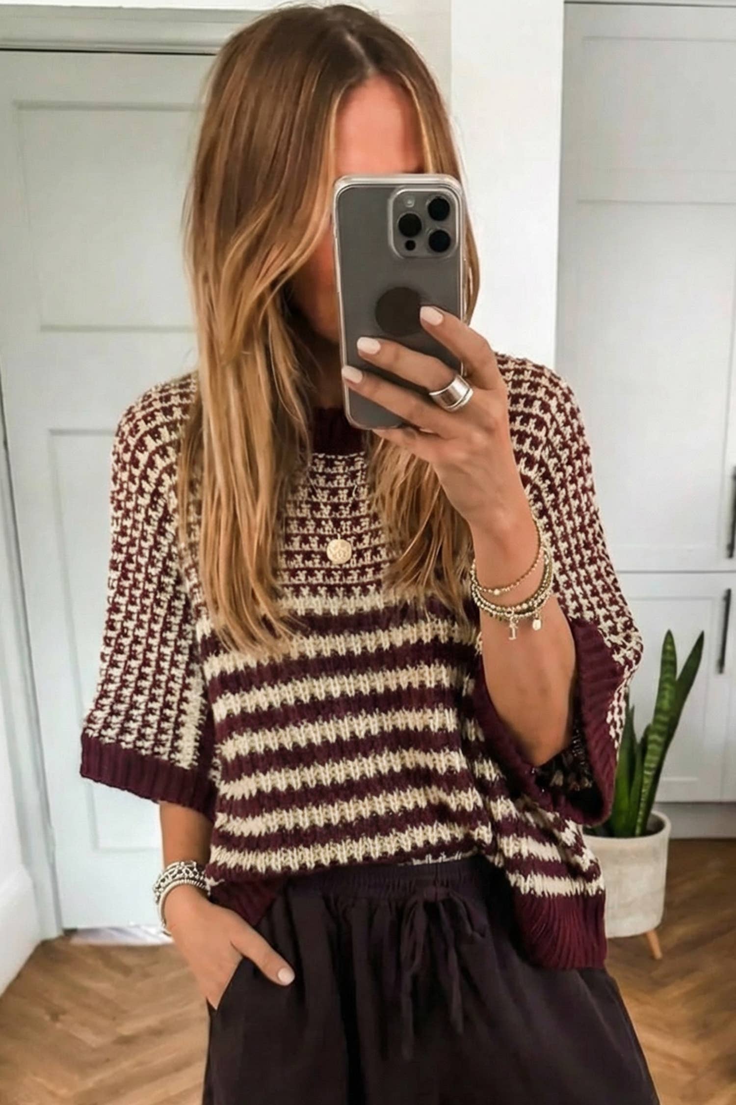 Suhkasana - Wholesale Knit Sweater - Women's - Red Striped Slouchy Knit Sweater with 3/4 Draped Sleeves12