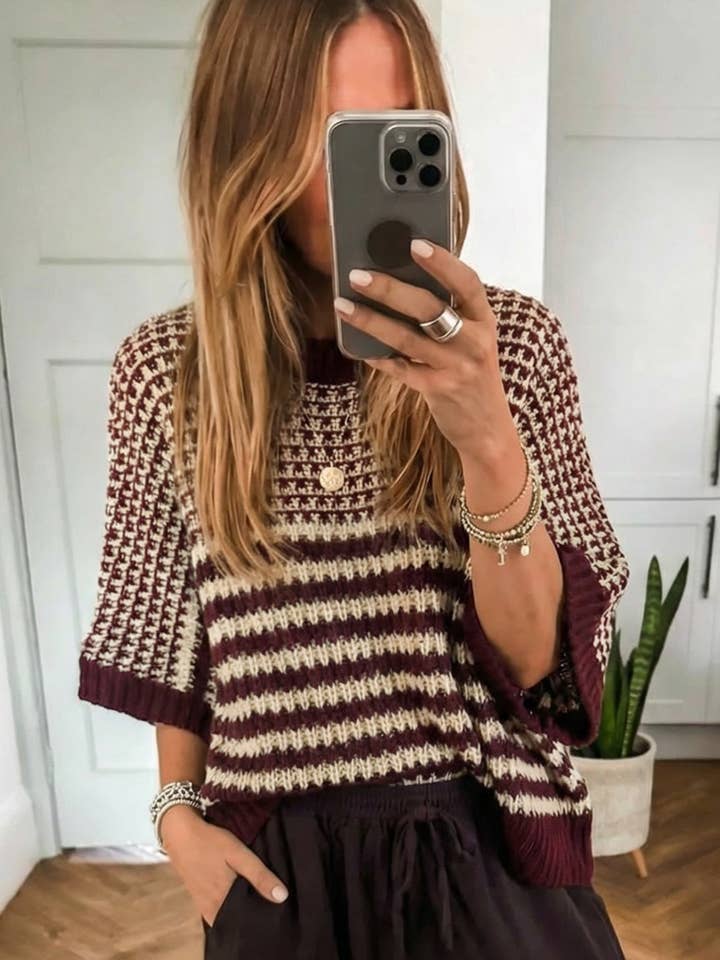 Suhkasana - Wholesale Knit Sweater - Women's - Red Striped Slouchy Knit Sweater with 3/4 Draped Sleeves12