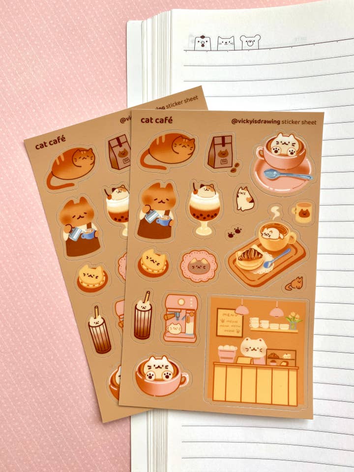 Cat café sticker sheet for wholesale by vickyisdrawing