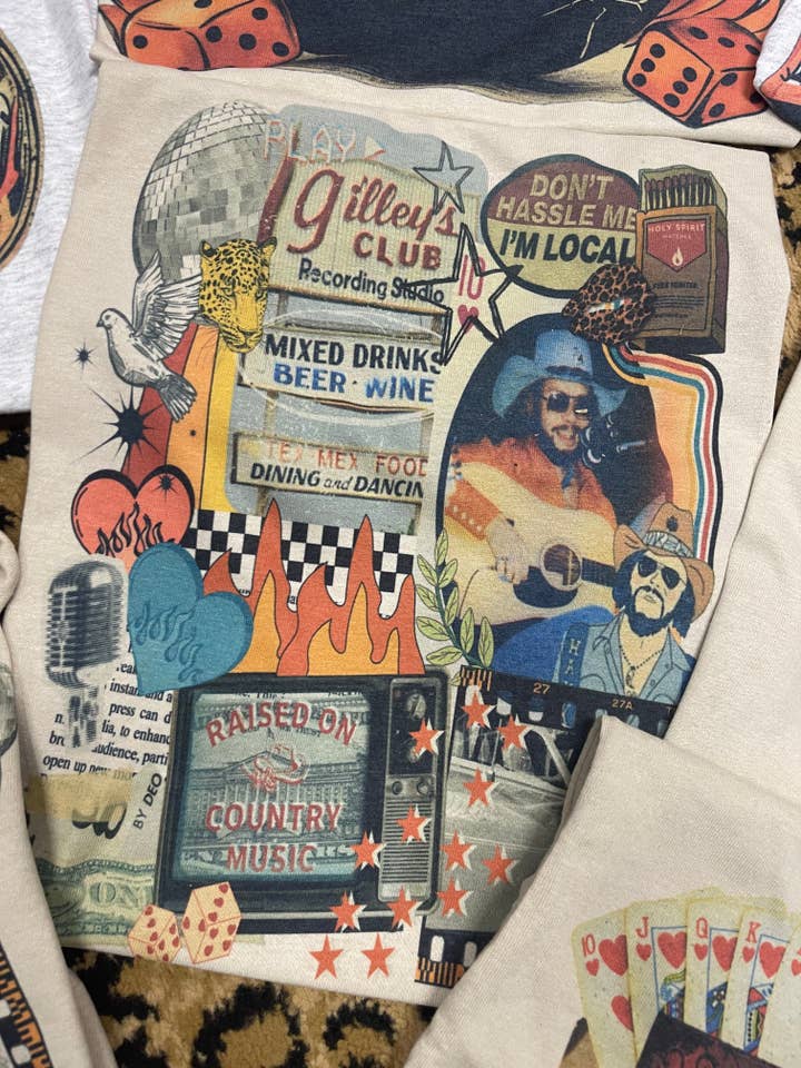 Fringed Outlaw Wholesale - Wholesale Screen Printed T-Shirt - Women's - Raised on country music collage