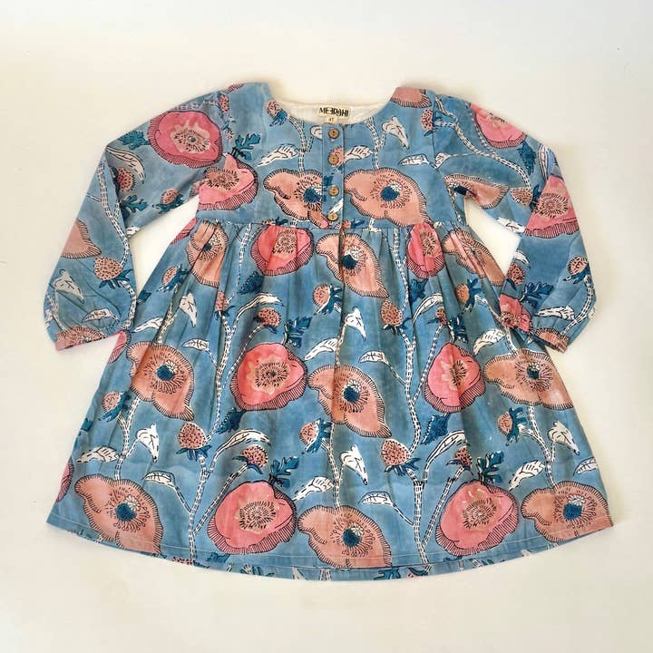 Robe fleurie multicolore imprimée à la main pour fille pour la vente par Meerahi