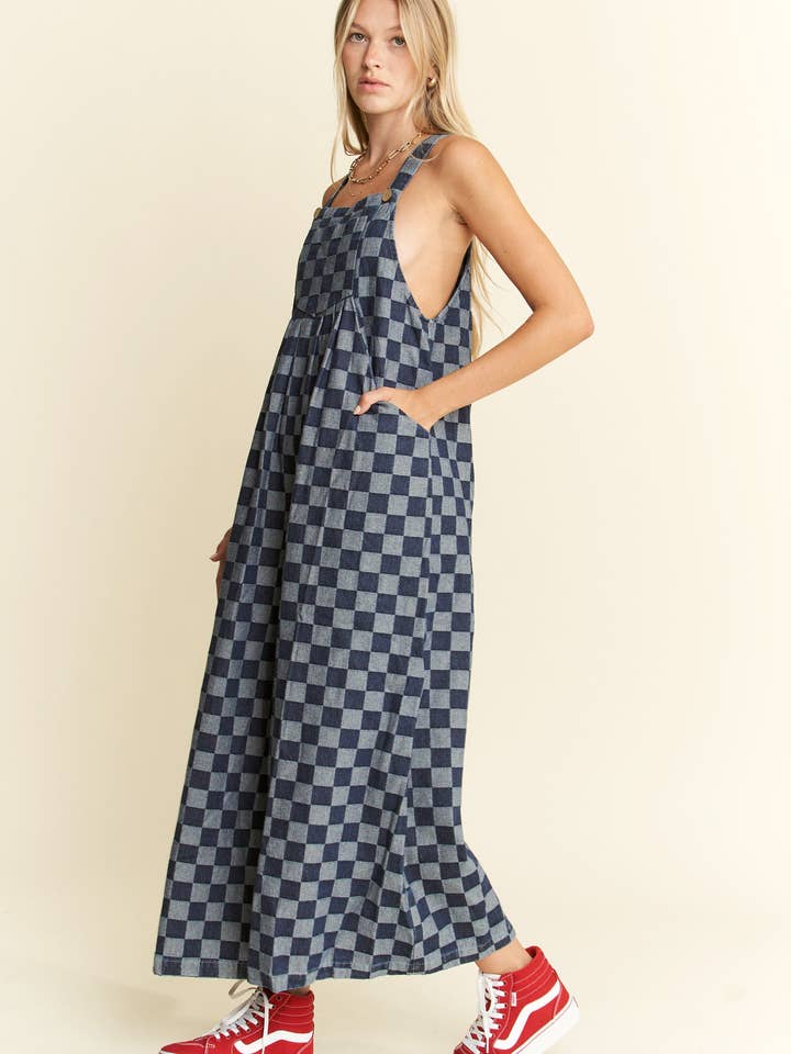 DENIM CKECKERD JUMPSUIT JJS6345 for wholesale on Faire