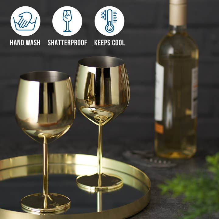 Oak & Steel - Wholesale Wine Glass - 2 Stainless Steel Gold Wine Glasses, 500ml2