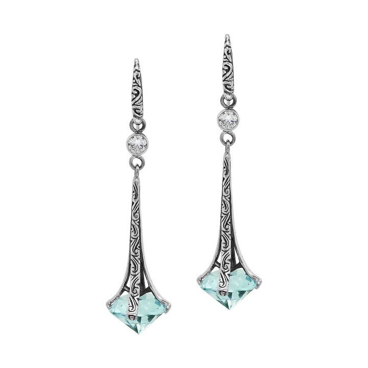 AE-1175-CH.G Sterling Silver Long Green Chalcedony Quartz Drop Earrings With Engraved Artistic Detailing for wholesale by Bali Designs