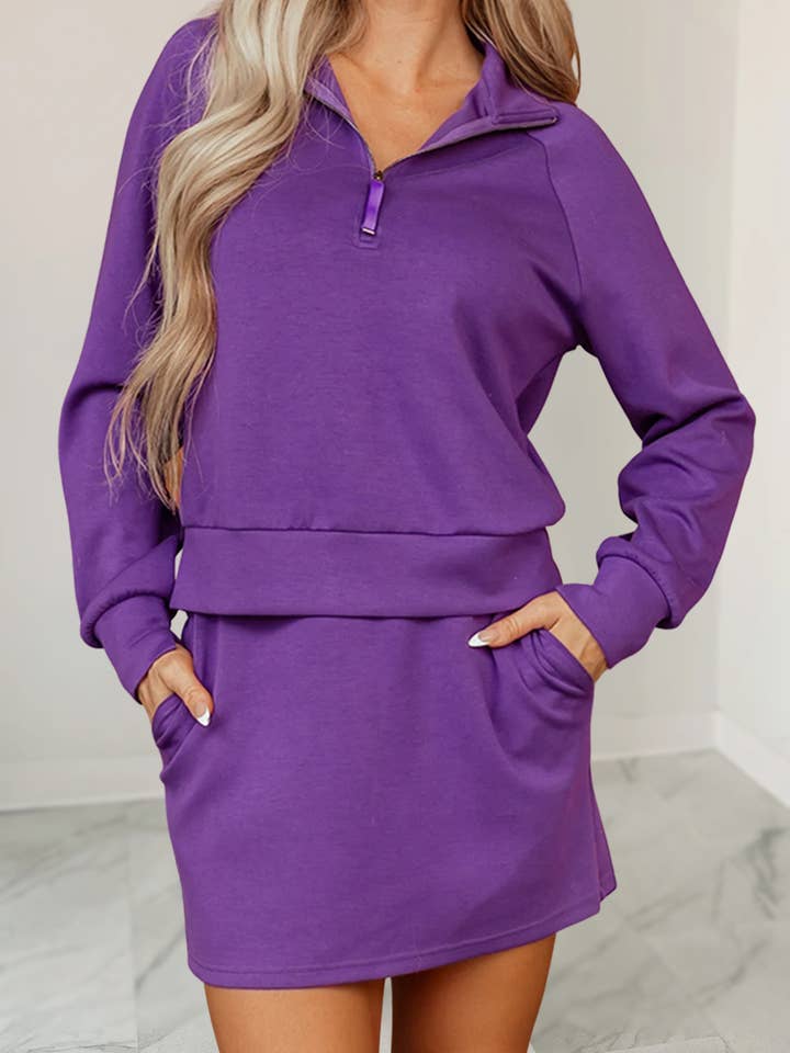 Solid Half Zip Front Pullover & Mini Skirt 2 Pcs Set | S-XL for wholesale by Aapparella