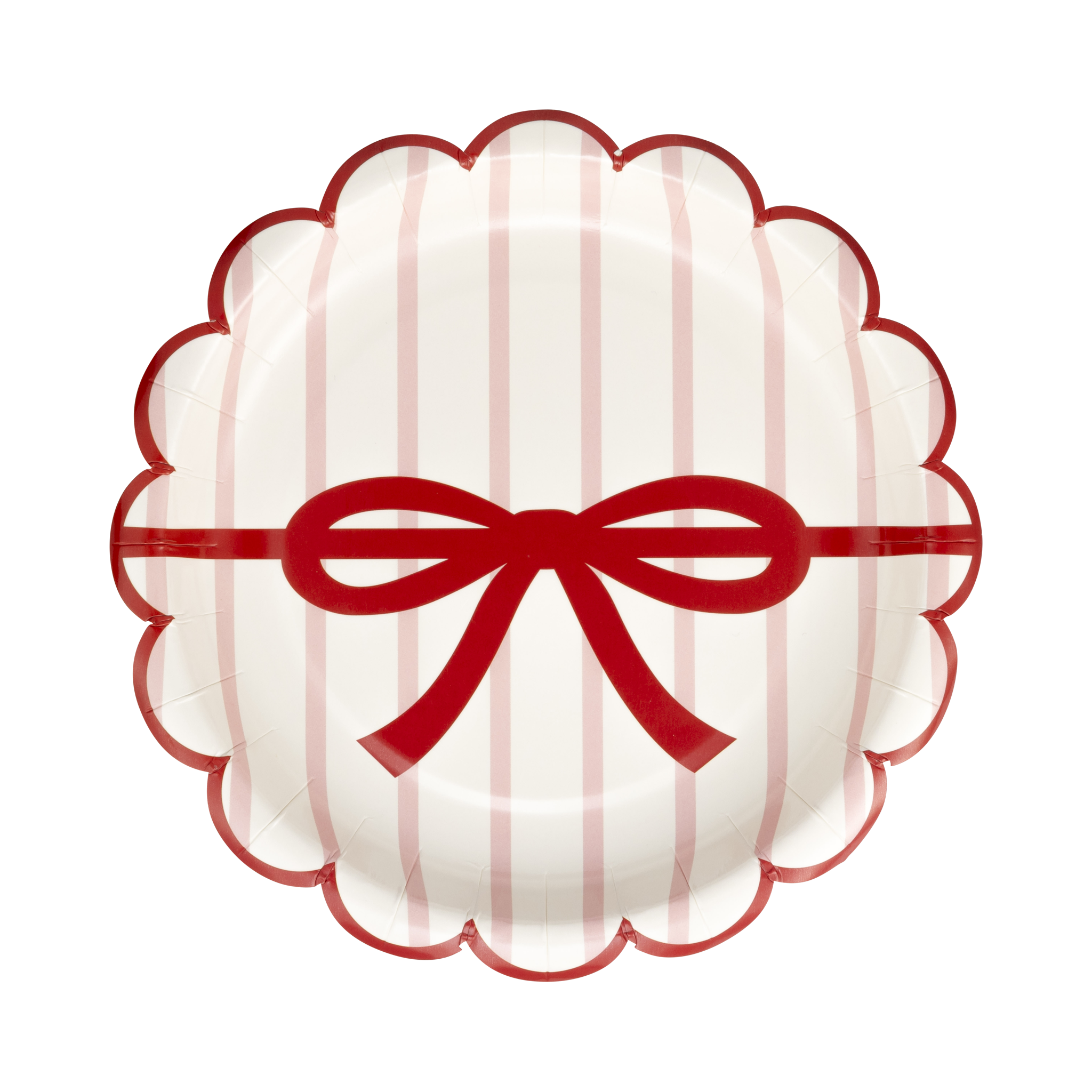 My Mind’s Eye - Wholesale Disposable Plate - BOW1143 - Red and Pink Green and Mint Stripes and Bow Scalloped 7" Plate Set3