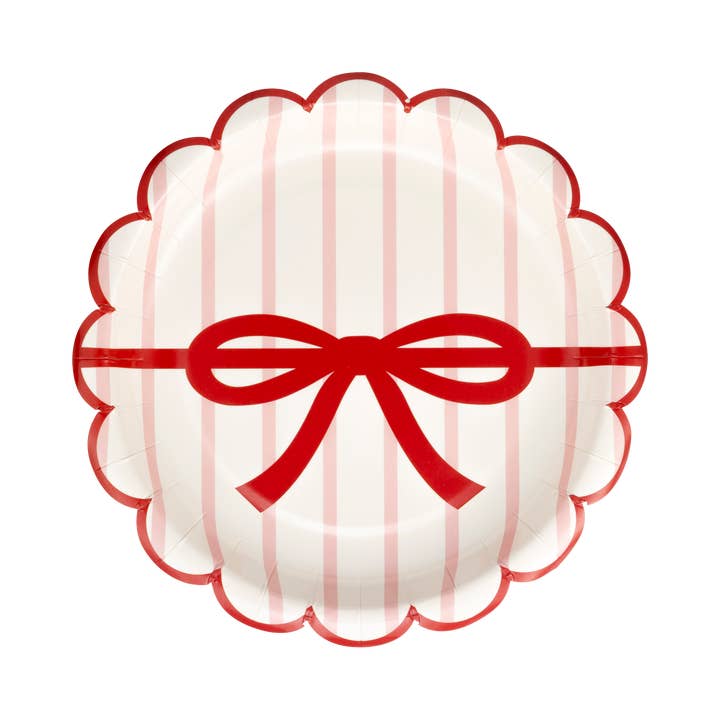 My Mind’s Eye - Wholesale Disposable plate - BOW1143 - Red and Pink Green and Mint Stripes and Bow Scalloped 7" Plate Set3