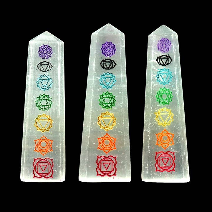 Selenite Flat Point Shape 69x20mm Engraved Symbols for wholesale by GemMartUSA