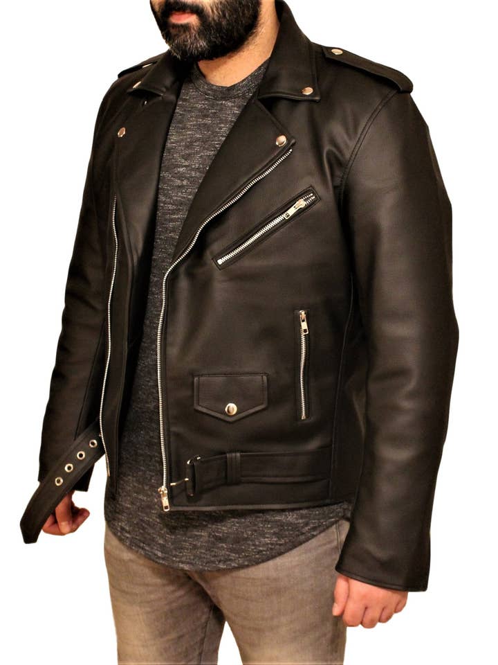 Fadcloset – Engroshandel Motorcykeljakke - Herre – Mænds vegansk sort motorcykel stil imiteret læderjakke2