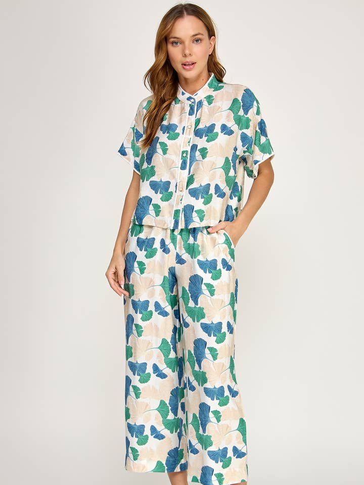 TP-10744-6 PRINTED CROCHET DETAIL PANTS-MULTI for wholesale by Ellison