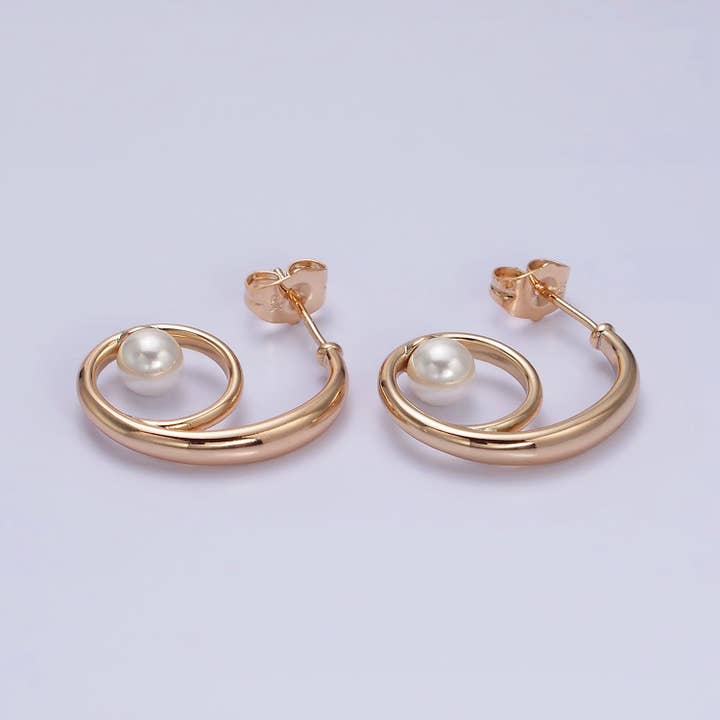 18K Gold Filled Curled Band Pearl Geometric J-Shaped Earring for wholesale by Aim Eternal