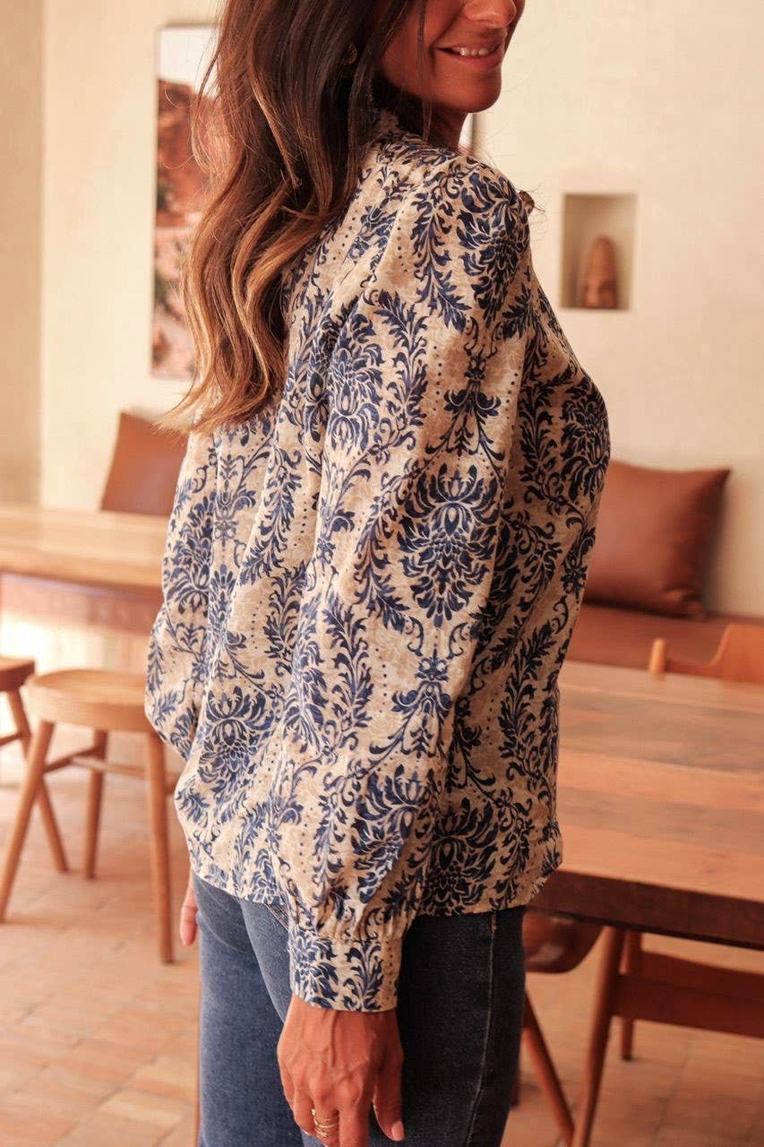 DarkBlue Bohemia Ethnic Floral Print Ruffle Neck Blouse for wholesale on Faire1