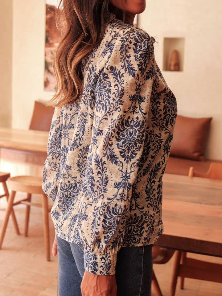 DarkBlue Bohemia Ethnic Floral Print Ruffle Neck Blouse for wholesale on Faire1