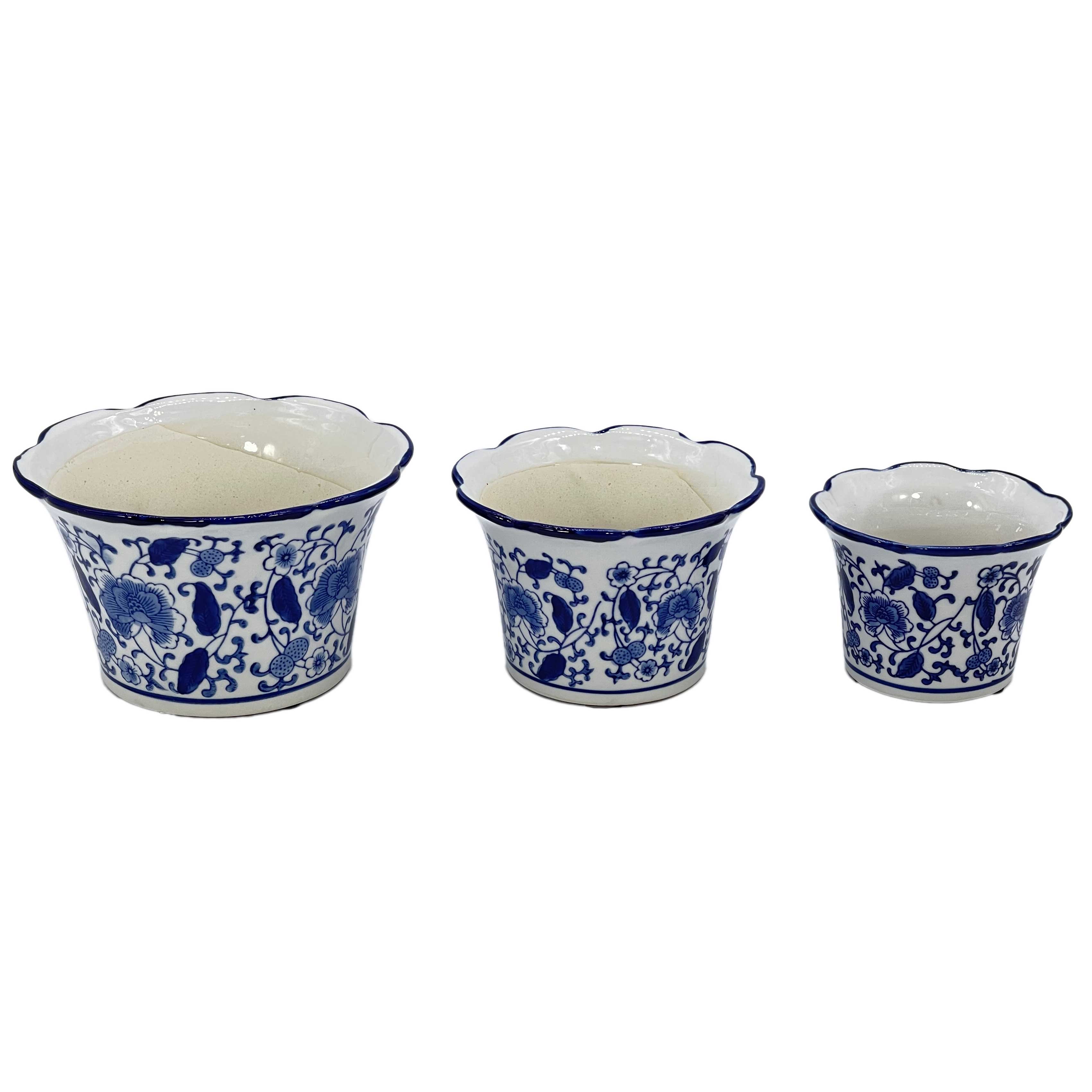 Galt International Company – wholesale Plant pot – Set of 3 Blue & White Floral Ceramic Pots Ruffled Lip Style27