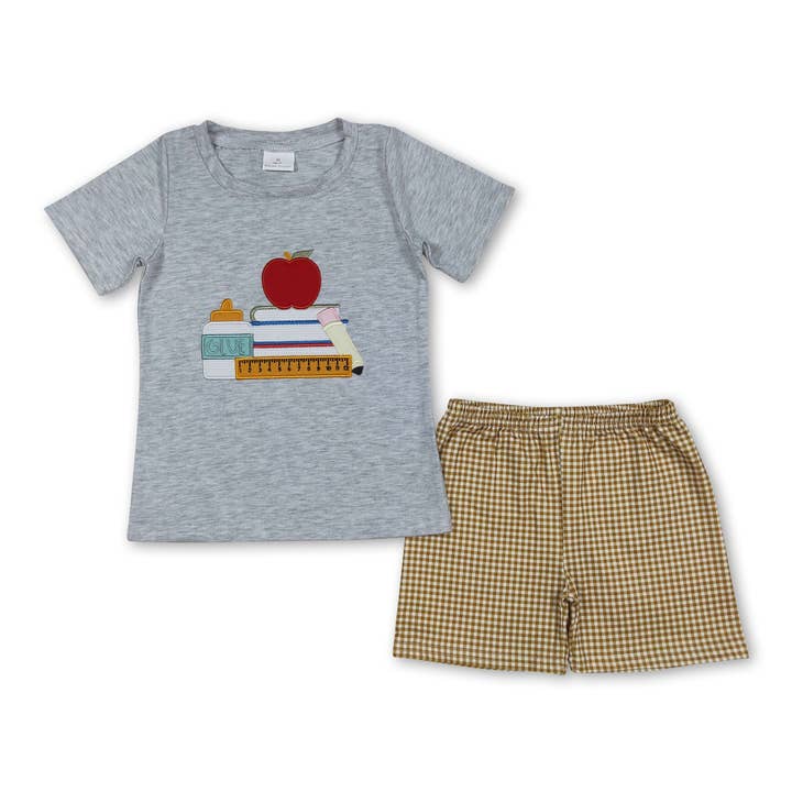 Glue book apple grey top shorts boys back to school set for wholesale by Yawoo Garments