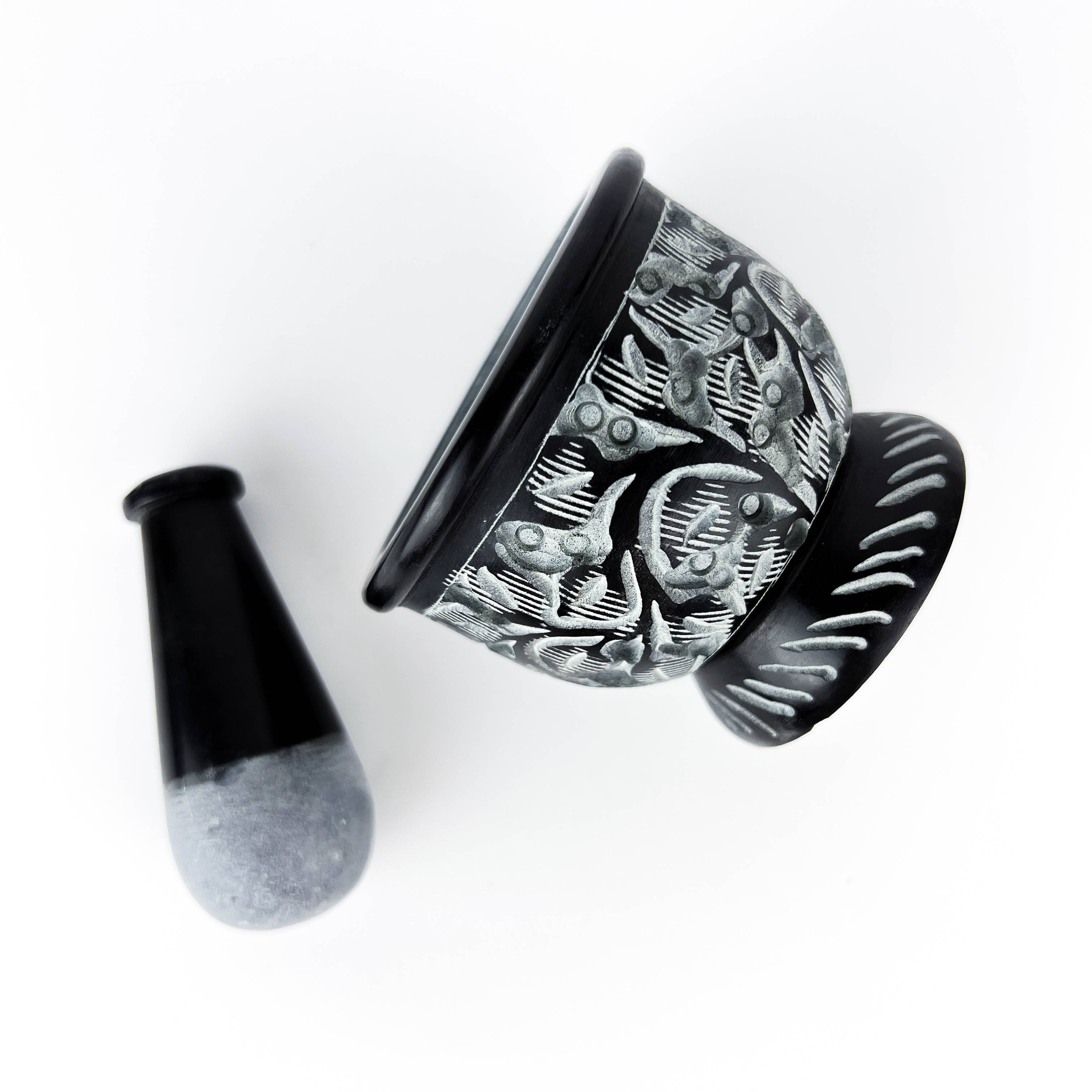 GREENROOTS USA LLC - Wholesale Mortar & Pestle - Black Carved Soapstone Mortar & Pestle 2.5"H, 3"D10