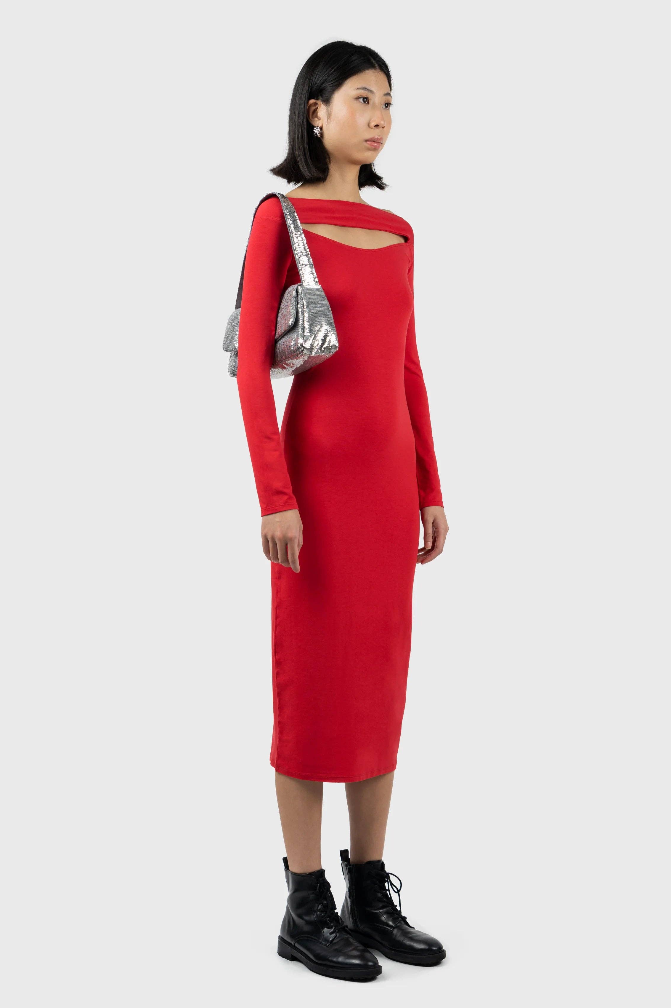 Red Cut Out Detail Long Sleeve Midi Dress for wholesale on Faire3
