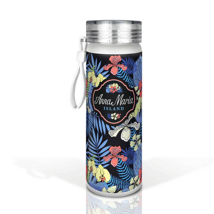 Custom Tropical Floral On Black 20oz Glass Bottle Collection for wholesale by Matrix