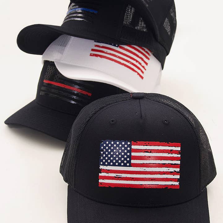 Hana - Wholesale Trucker Hat - Women's - Flag Flat Uv Print Mesh Back American Flag Baseball Cap