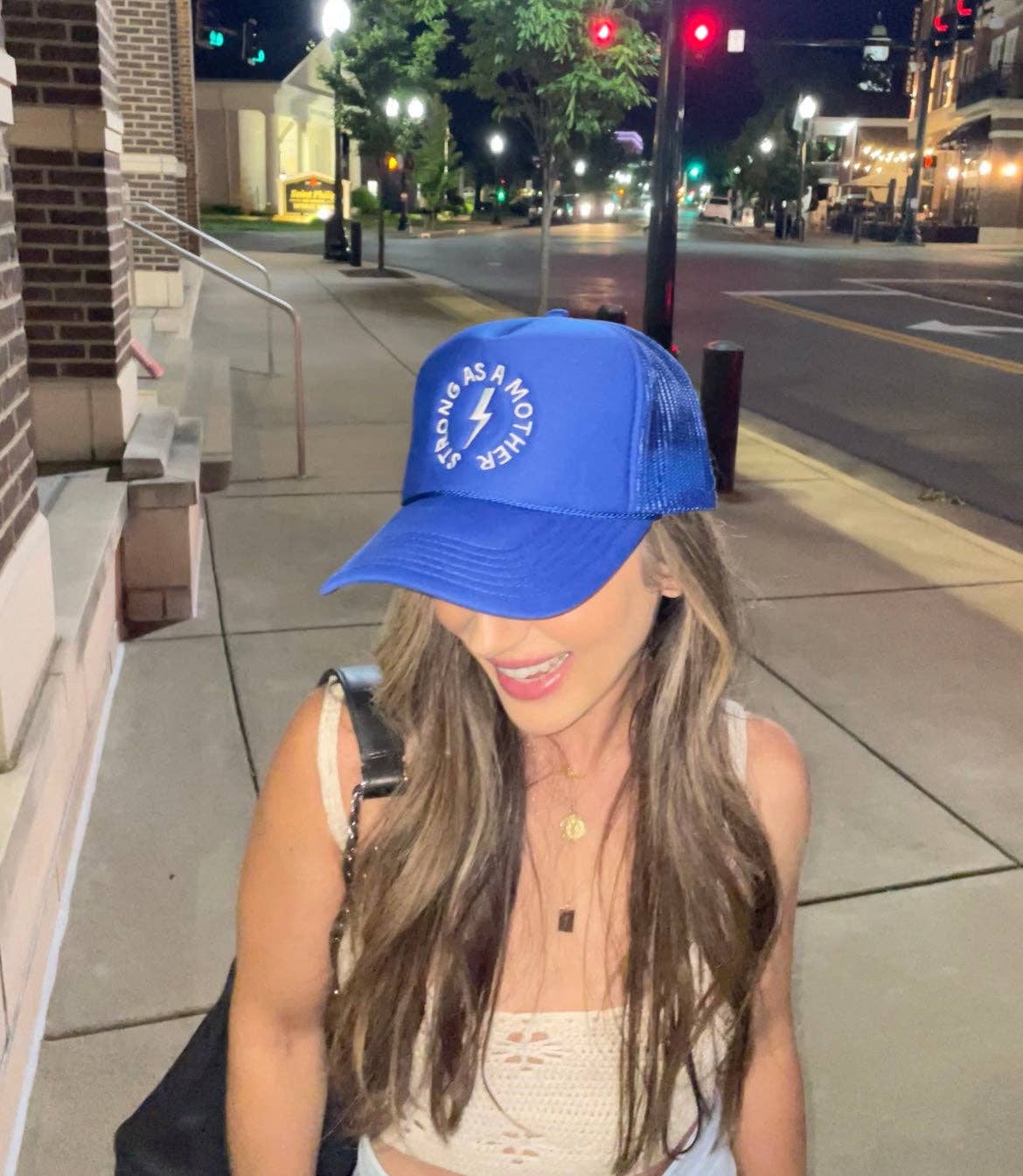 Strong as a mother® Embroidered Trucker Hat - Royal Blue for wholesale on Faire4