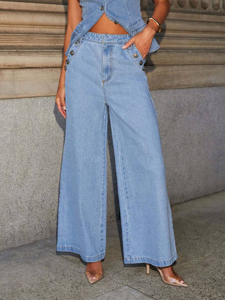 Lily Clothing - Wholesale Top & Pant Set (NOT Loungewear) - Women's - SOLID COLOR LOOSE DENIM WIDE LEG PANTS VEST SUIT