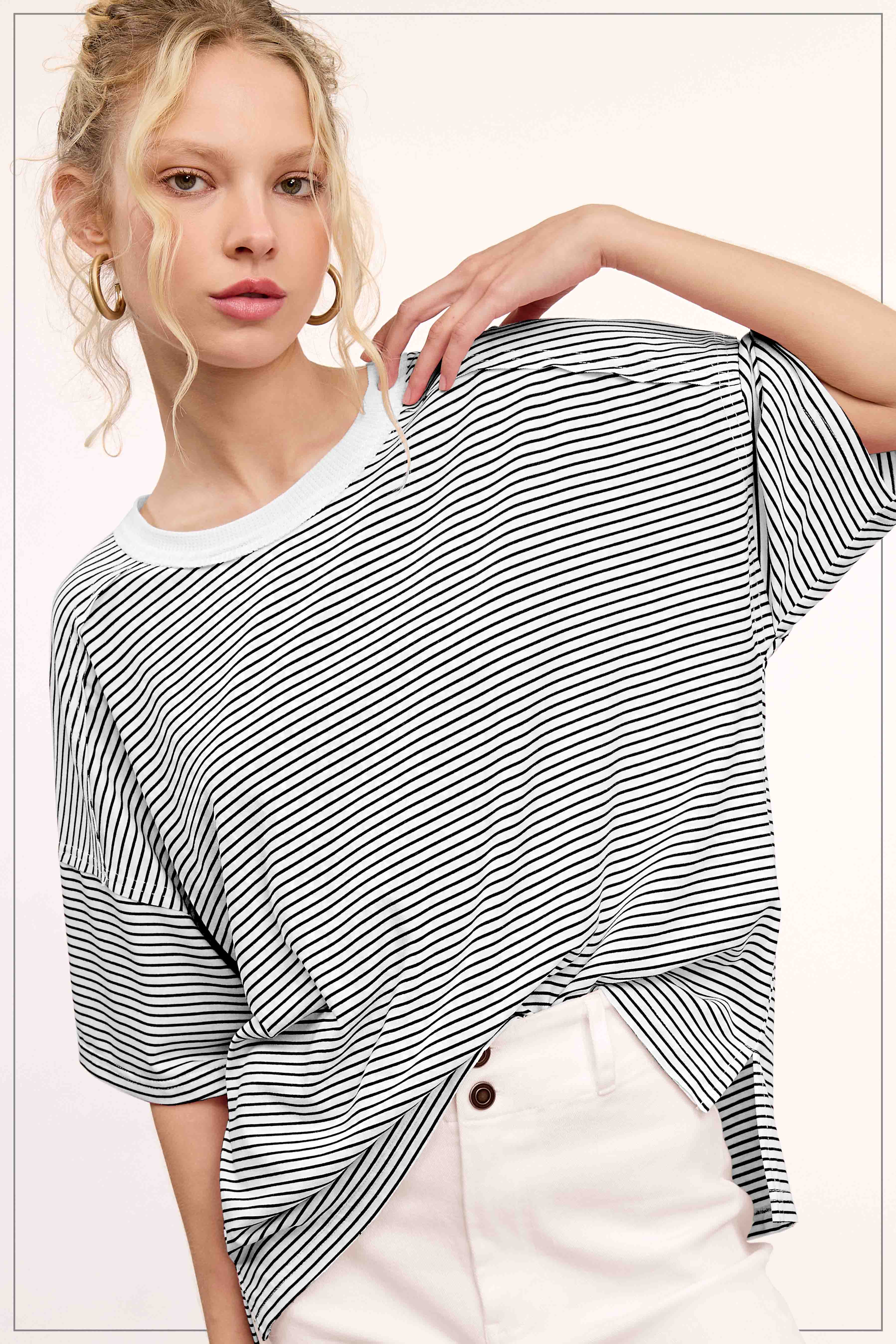 La Miel - Wholesale T-Shirt - Women's - HDT7703-Basic Striped Drop Shoulder Short Sleeves Top9