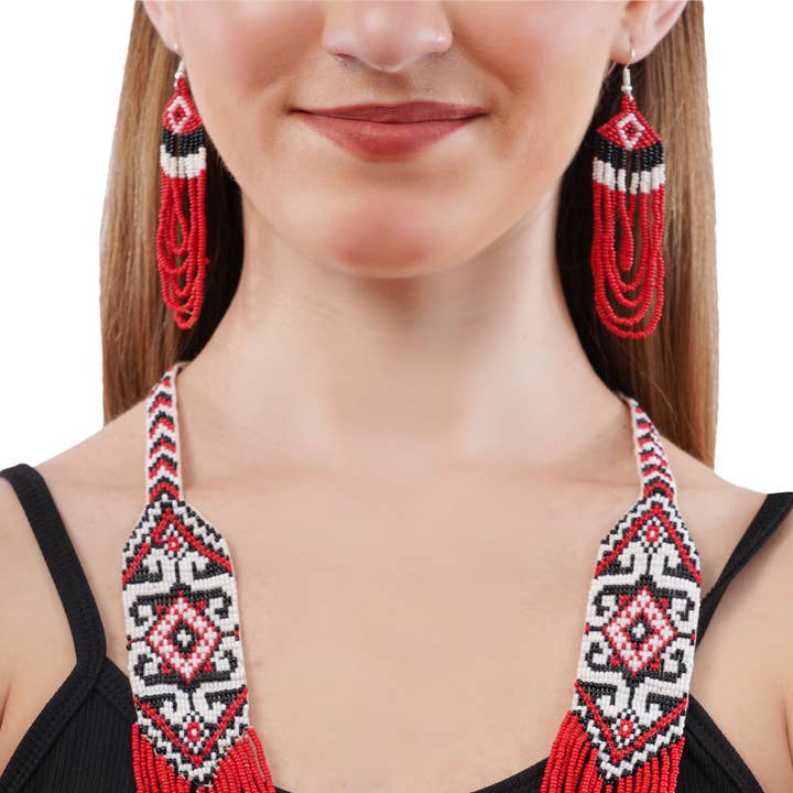 House of Kraft - Wholesale Jewelry Set - White Pattern Jewelry Set | Beaded Jewelry | Red Jewelry2