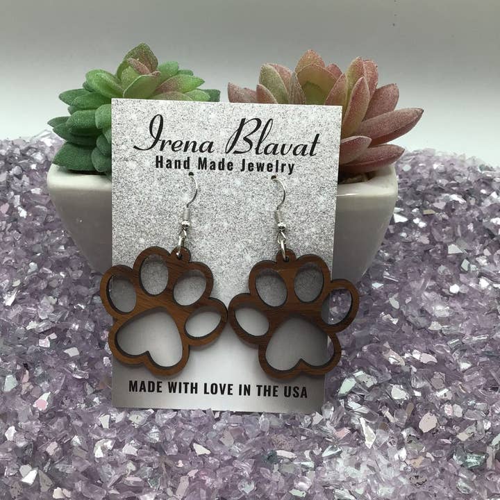 Dog Paw Wood Earrings for wholesale by Irena Blavat Designs
