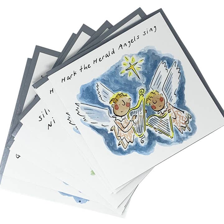 Christmas pack - 2 each of 4 carol themed cards for wholesale by Inky Blue Ltd t/a Holy Mackerel