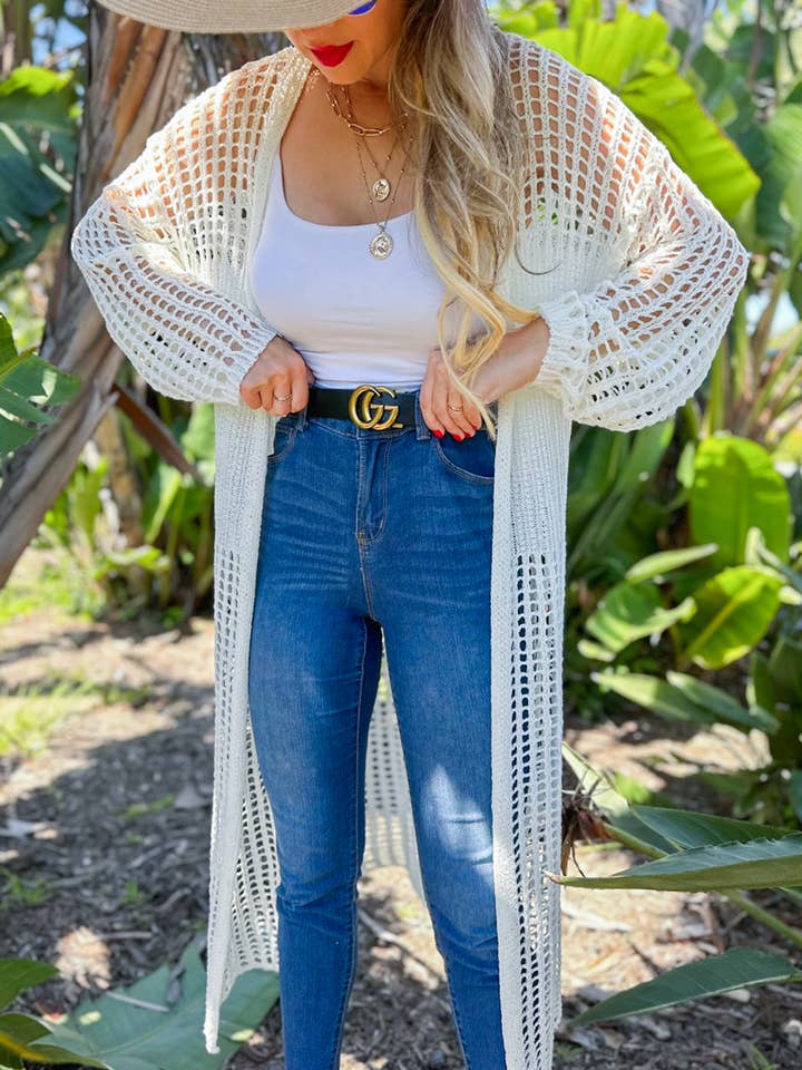 Capa Cardigan Maxi de Manga Comprida em Crochet Marfim por atacado de AMOLI