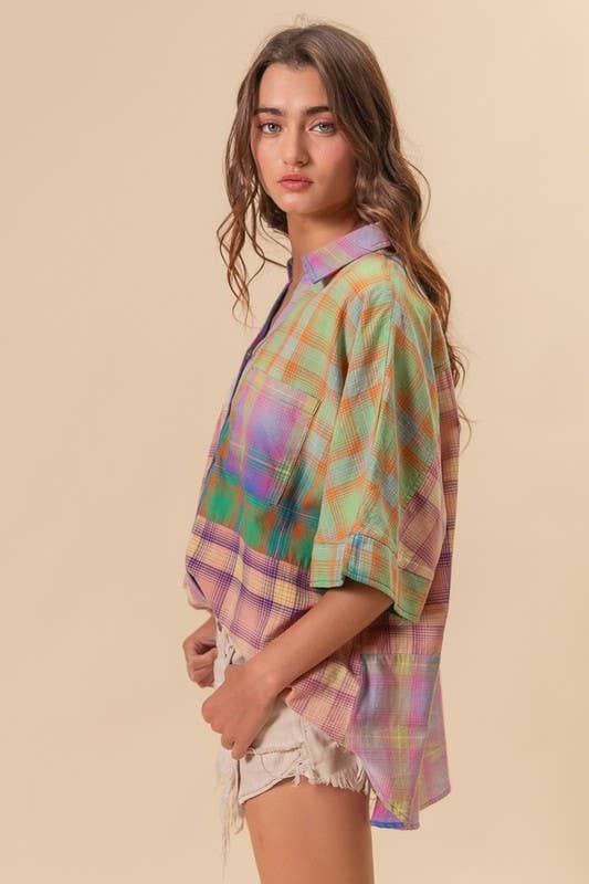 BLUSH MULTI Vintage Washed Plaid Block Short Sleeve Blouse for wholesale on Faire1