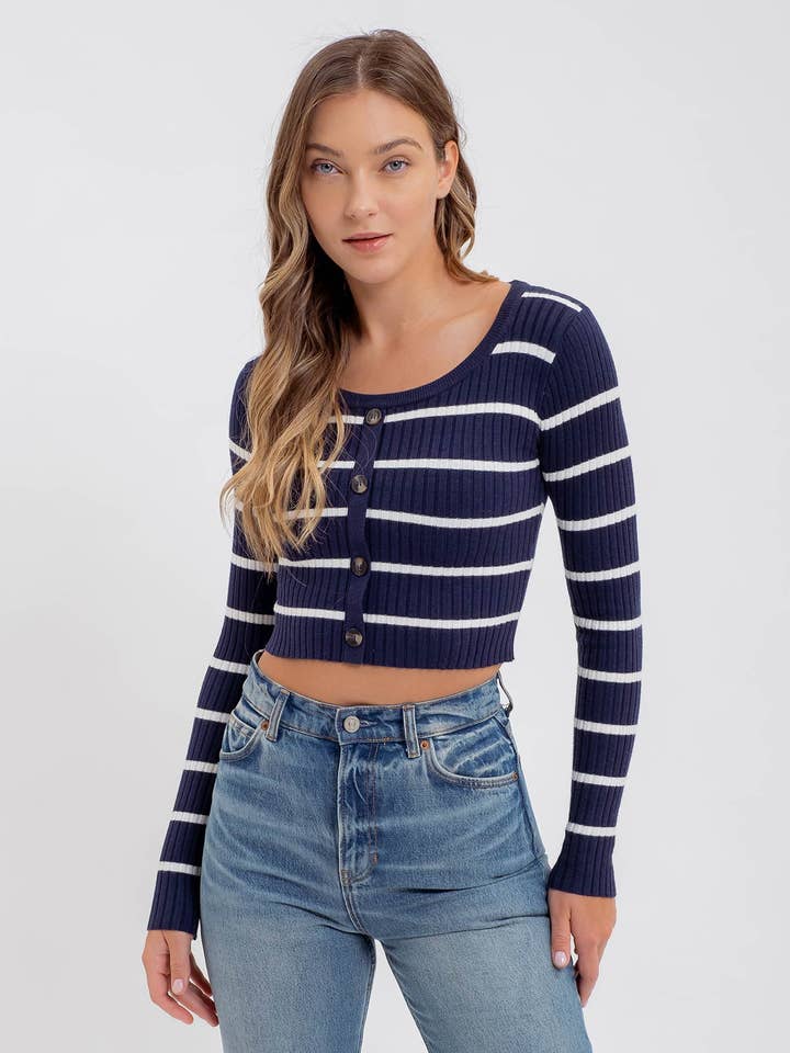 STRIPE SWEATER BUTTON DOWN KNIT CROP TOP for wholesale by The Workshop Studio