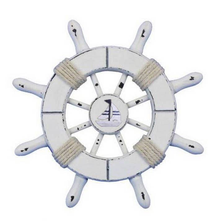 Rueda decorativa rústica blanca con velero 6" para venta al por mayor de Hampton Nautical