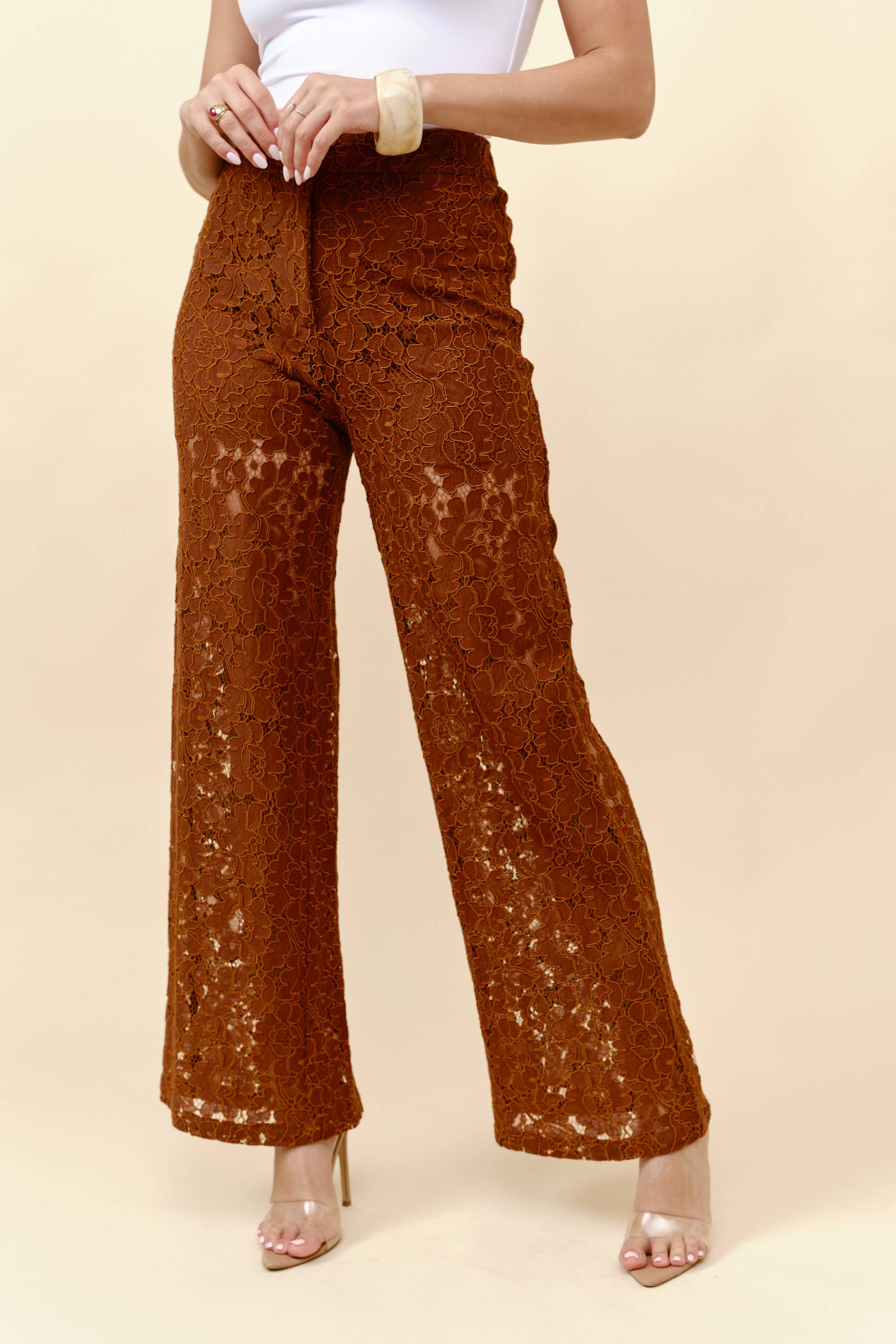Brown High waist wide leg lace trousers for wholesale on Faire4