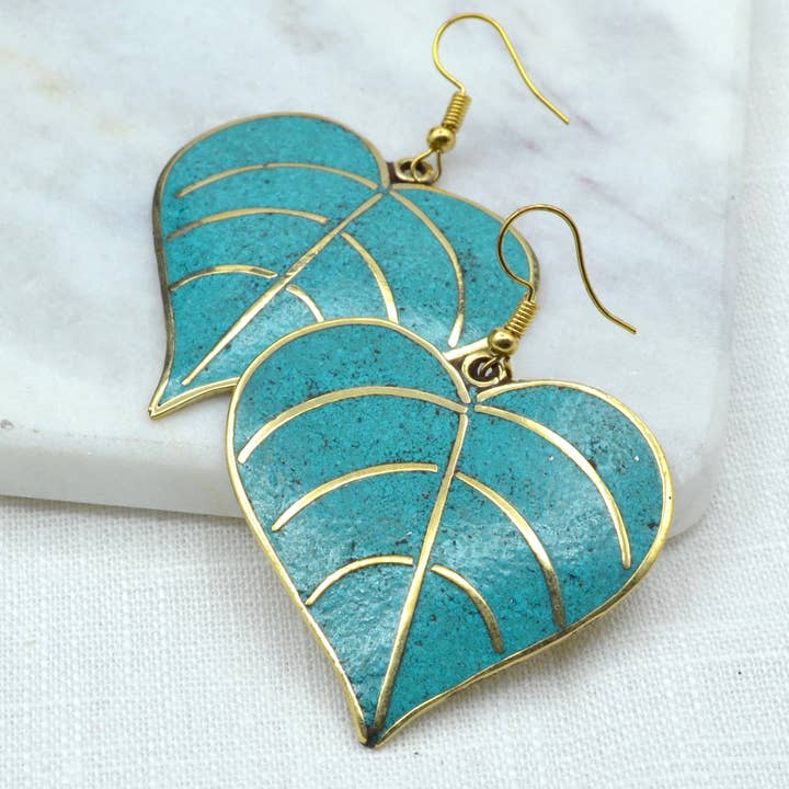 Leaf Turquoise Brass Earrings for wholesale by Didi Bahini Fair Trade