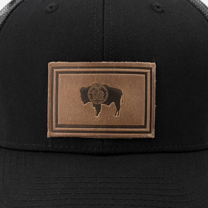 Range Leather Co. - Wholesale Trucker Hat - Unisex - Wyoming Flag Hat | Leather Patch Trucker Hat