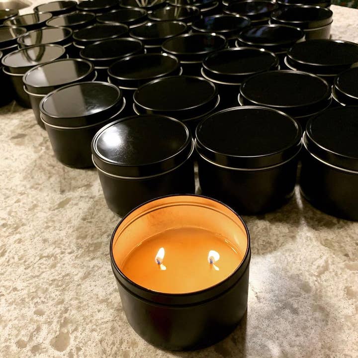 15 ounce black tin candles for wholesale by Just Lit Candle Co.