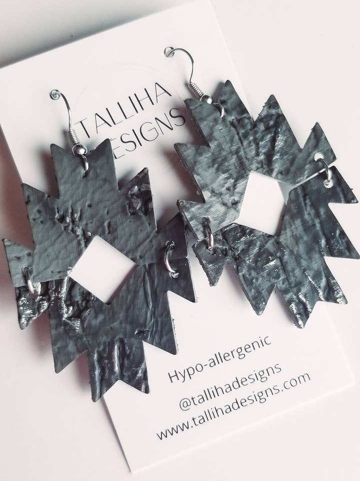 Gray Wildwood Genuine Leather Aztec Split Dangle Earrings for wholesale by Talliha Designs