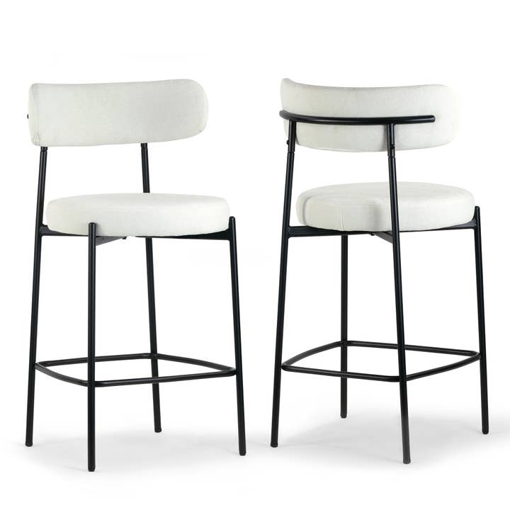 Glamour Home - Vente Tabouret - Ensemble de 2 tabourets de comptoir Awen en bouclette blanche avec pieds noirs