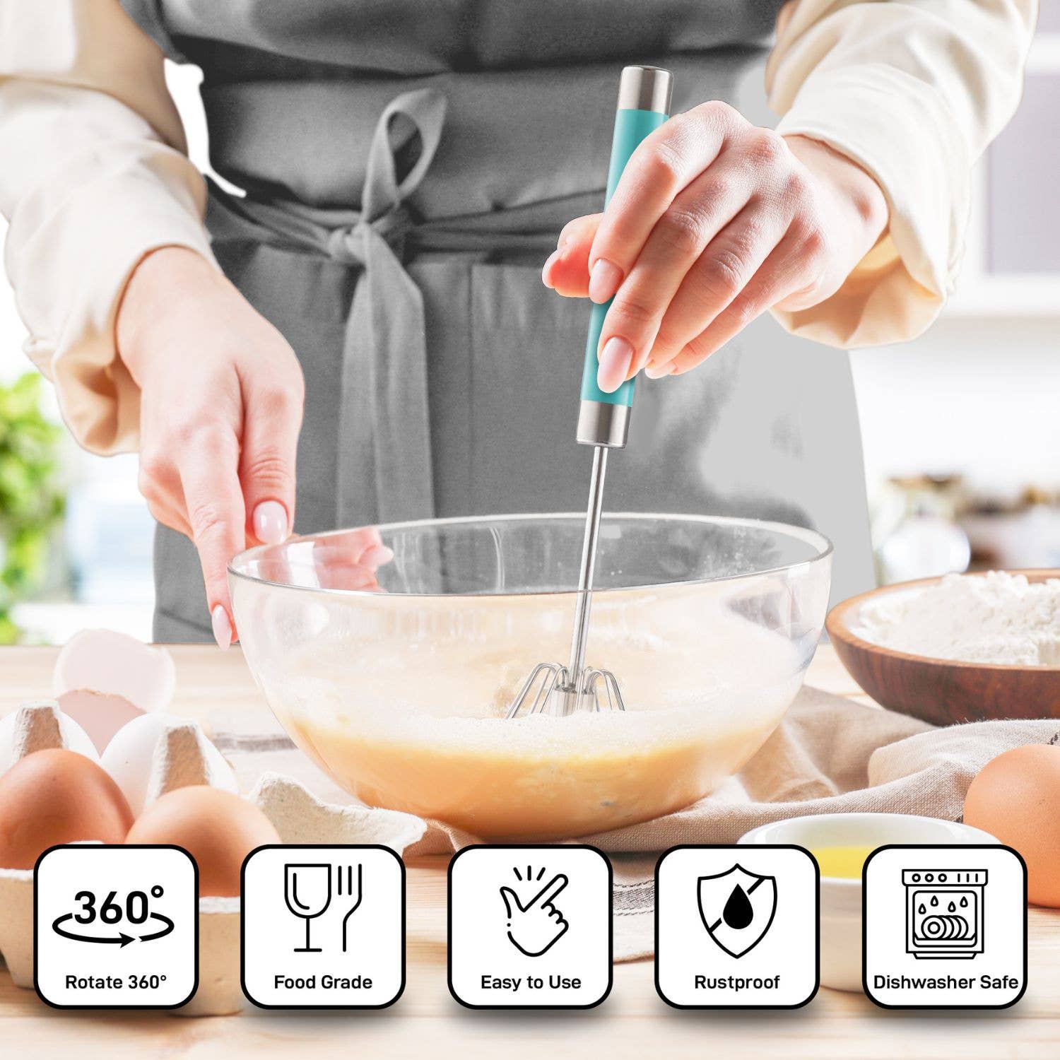 Zulay Kitchen - Vente Fouet - Fouet poussoir rotatif traditionnel - Batteur à œufs4