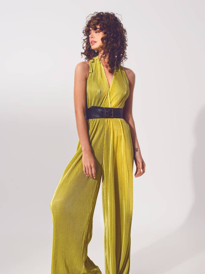 Satin Halter Neck pleated maxi jumpsuit in Green for wholesale on Faire0