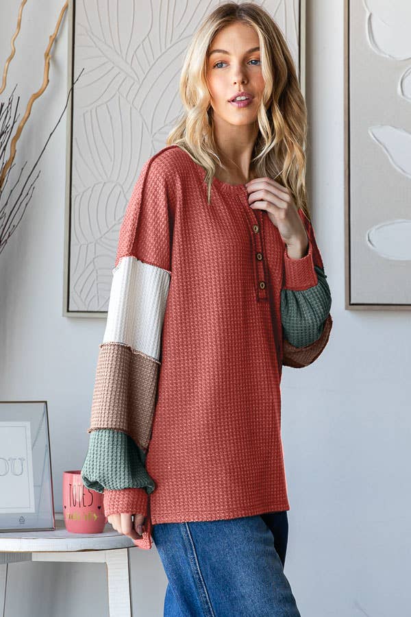 7th Ray – wholesale Knit top – Women's – Waffle Knit Color Block Button Front Balloon Sleeve TopT57246