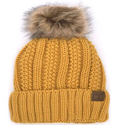 KIDS-820-MUSTARD SHERPA LINED BEANIE W/FAUX FUR POM - MUSTARD for wholesale by Girlie Girl Originals