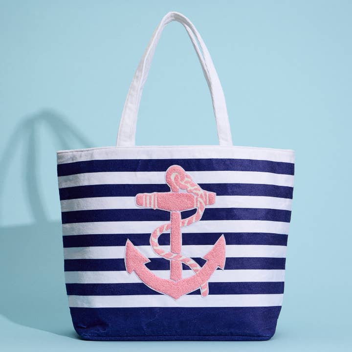 Lilla Haven - Wholesale Beach Bag - Terry Stripe Print and Anchor Patched Large Size Beach Tote9