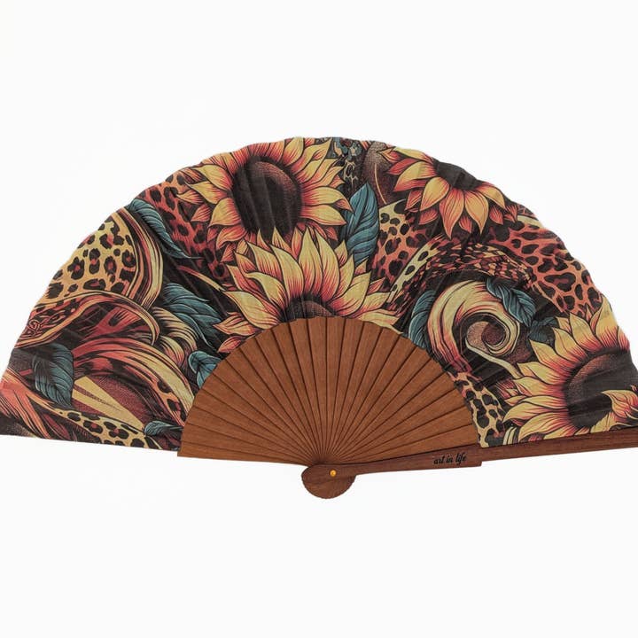 Éventail à main hybride Sunflowpard | Éventail en bois tournesol et léopard pour la vente par Sauga