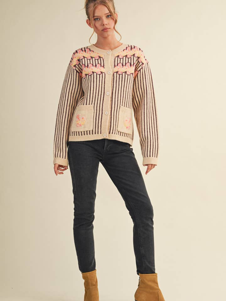 &MERCI - Wholesale Cardigan - Women's - STRIPED FLORAL SWEATER CARDIGAN MSW110581