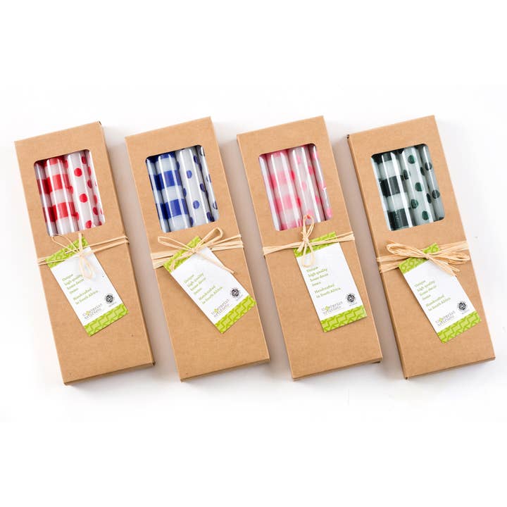 Thumbprint Artifacts - Wholesale Tapered Candle/Candlestick - Green Dots & Stripes Tapers - Gift Box of 4