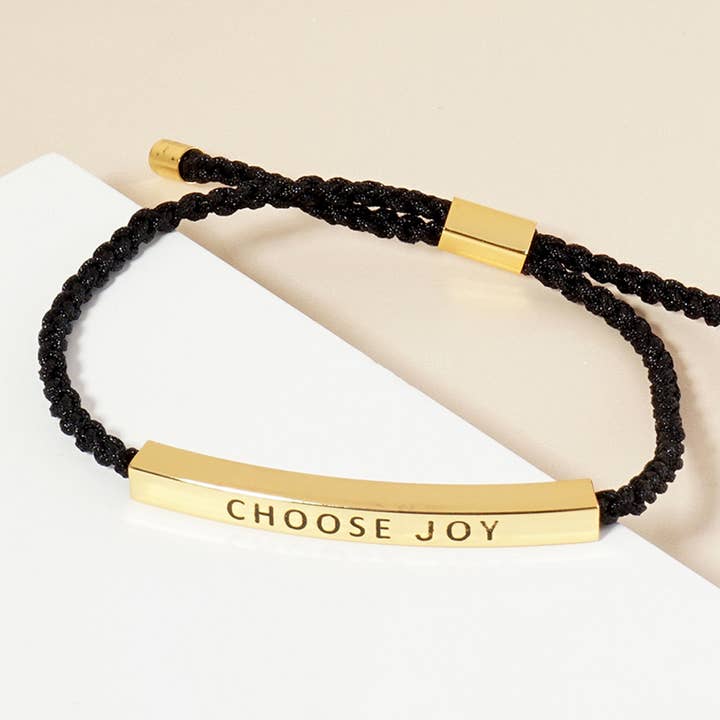 Gold Dipped CHOOSE JOY Message Bar Pointed Rope Adjustable Cinch Pull Tie Bracelet for wholesale by Sensibling Corp.